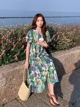 春夏用 エレガントな油絵プリント ワンピース【フレアスカート・スイートデザイン・小柄向け】
