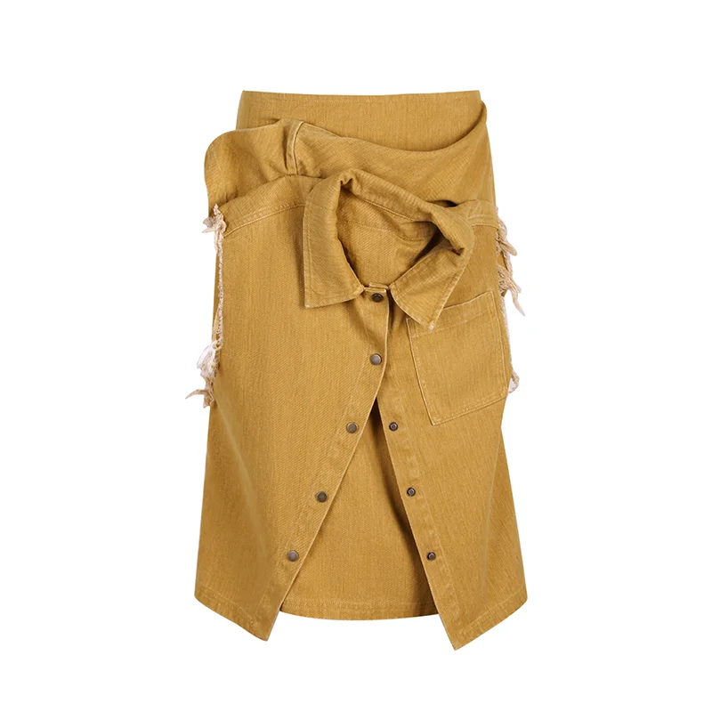 デニム風マチ付きベストシャツと半身スカートの異素材デザイン（セットアップ対応）