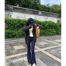 高身長向け エクストラロングカジュアルパンツ【ハイウエスト・スリムフィット・笑顔プリント・フレアデザイン】