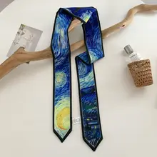 ファン・ゴッホ風油絵シルクスカーフ【細長タイプ・おしゃれなヘアアクセサリー】