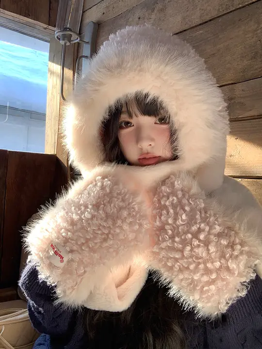 防寒対策に最適！フード付き毛布素材キャップ・スカーフ・手袋【秋冬用・暖かい】（セットアップ対応）