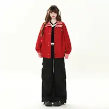 デニムジャケット レディース チェック柄 フェイクレイヤード アメリカン風 ルーズ カジュアル 春 秋「ENJOG」