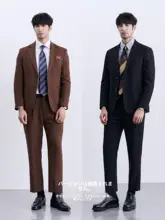 春用した紳士向けの通気性のある快適な麻スーツ【カジュアル・英国風・ブラウン】（セットアップ対応）