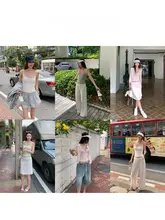 リボン付きトップスとレース縁パンツのカジュアルコーディネート（セットアップ対応）