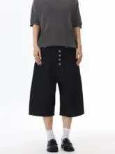 シンプルな美しいデザインのストレートカットデニムショートパンツ【男女兼用・通勤・高級感・ゆったり】（セットアップ対応）