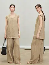 シルエットのリネンビブトップス＆ストレートパンツ【フランス風・毛足仕上げ・夏用】（ セットアップ対応）