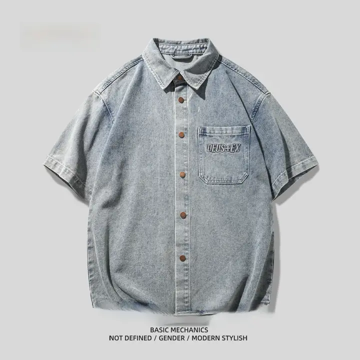 ビンテージ風ウォッシュ加工のショートスリーブデニムシャツ【メンズ・夏用・フィット】