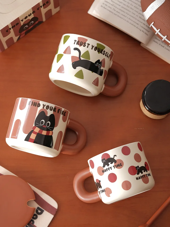 マグカップ 蓋付き スプーン付き 猫柄 可愛い ヴィンテージ ブラウン系 ペア おしゃれ「PiaJi」