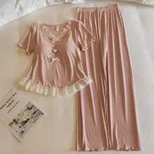 胸パッド付き 春夏用レディース半袖レースパジャマ【極上の柔らかさ・モダールコットン・ホームウェア】（セットアップ対応）