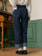 深い青のデニムパンツ【秋用・ゆったりしたストレート・カジュアル・通勤用】（セットアップ対応）