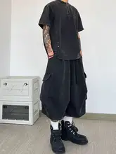 ビッグポケットデザインのウォッシュド加工ワイドレッグ七分パンツ【夏用・ゆったり・メンズ】（セットアップ対応）