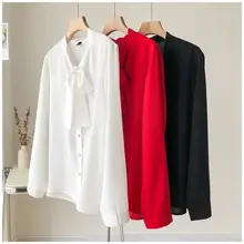 リボン付きカジュアル長袖ブラウス【春秋向け・大きいサイズ・シフォン素材】