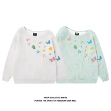蝶柄の片肩デザインカラフルニット長袖Tシャツ【女性用・薄手・カジュアル】