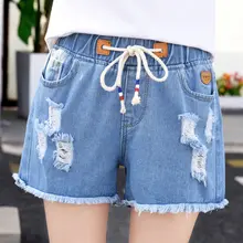 デニムショートパンツ【夏用・薄手・ウエストゴム・ハイウエスト・ルーズフィット・スリットデザイン】
