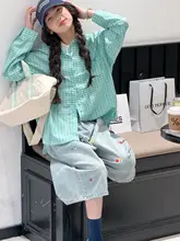 韓国風チェック柄女の子用秋用シャツ【春夏向け・日焼け防止・柔らかい質感】