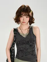 ノースリーブTシャツ レディース プリント フェイクレイヤード バイカラー フィット 甘辛MIX アメカジ ヴィンテージ 夏「Girlyhalo」