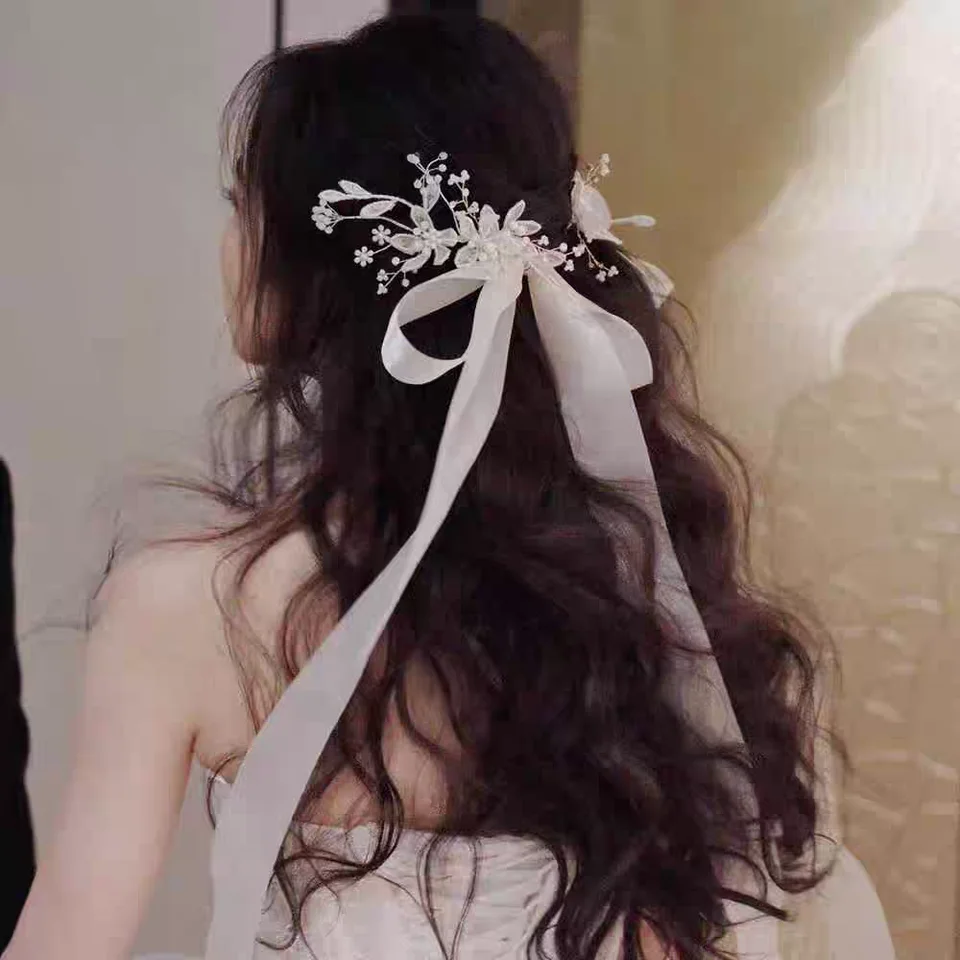 優雅なネットチュールリボンヘアクリップ【結婚式用・飾り付き】