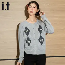 リボン付きダイヤモンド柄ニットカーディガン【ゆったりとした秋用・女性用】（セットアップ対応）