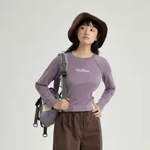 カラーブロックプリントのラウンドネック長袖Tシャツ【アウトドア・レトロスタイル・シルエットを強調】