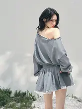 アメリカンレースの斜め肩セーター風ワンピース【春用・フリル付き・ポンポンミニスカート】