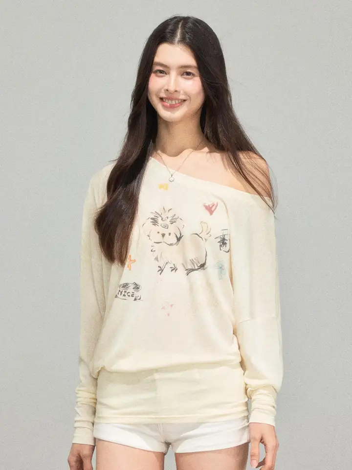 アメリカンレトロ オフショルダー薄手UVカット長袖Tシャツ【春用・ゆったりデザイン】