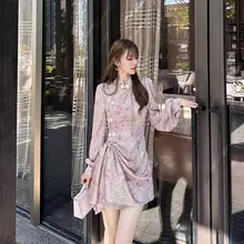 美しい梅花デザインの改良型中華風ワンピース【長袖・ウエストシェイプ】