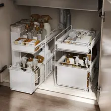 キッチン用引き出し式下水槽収納ラック【二段階階層・スペース節約・バスルームにも最適】