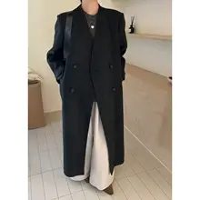 深冬用&nbsp;独特なデザインの  黒いウールコート【厚手・中長丈・女性用】