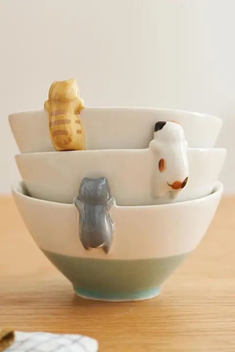 陶器製のご飯茶碗 食器セット 親子用 可愛いデザイン 三人用