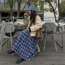 ブルーのチェック柄ロングプリーツスカート【ウエストゴム・Aライン】（セットアップ対応）