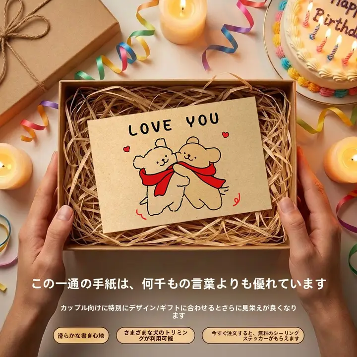 可愛い犬デザインの封筒と便箋セット【高級感・ロマンチック・手書き用】（セットアップ対応）