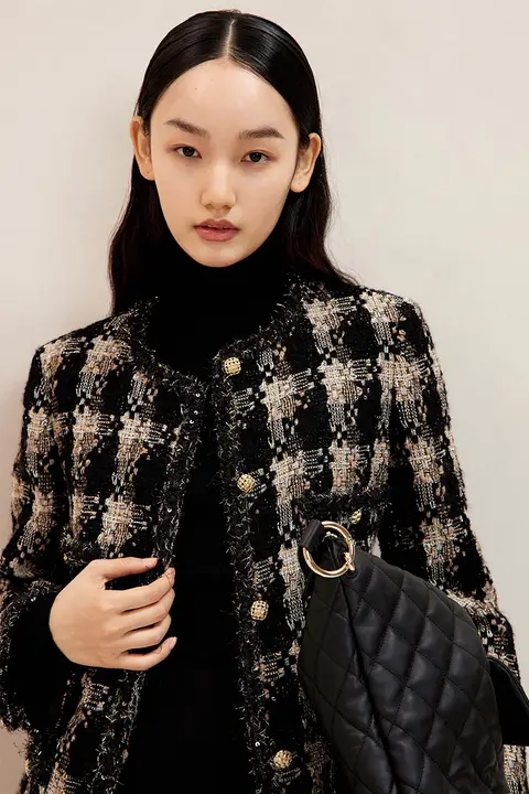 黒金ツイード風 クラシックラウンドネックショートコート【春用・女性用】