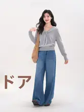 海軍リボン付き長袖ニットトップス【デザイン・ラウンドネック・カジュアル】
