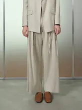 リネン素材のトリコロールカジュアルロングパンツ【シンプルデザイン・ワイドレッグ】（セットアップ対応）