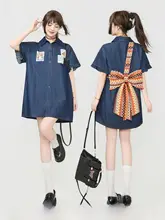 ヴィンテージ風ポロ襟デニムワンピース【夏用・華やかなリボン・ゆったりシルエット】