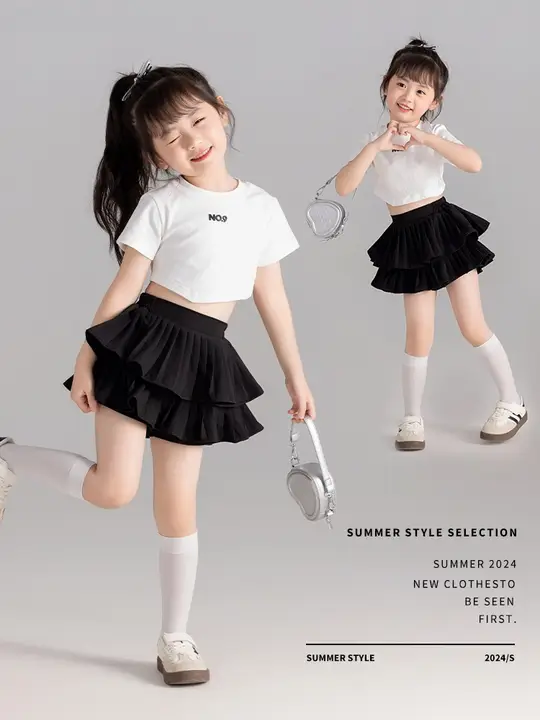 女の子用夏用半袖ワンピースとパンツの2点セット（セットアップ対応）
