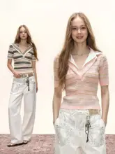 夏季デザイン フレンチカラーのショート丈Tシャツ【女性用・二重構造・アメリカンスタイル】（セットアップ対応）