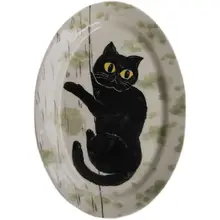 手描き猫デザインのオーバル陶器プレート【家庭用・朝食用・可愛いペットデザイン】