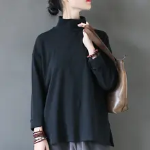 ハイネックTシャツ 女性 カジュアルシーン ニットコットン ゆったり長袖 ブラック バーサタイル