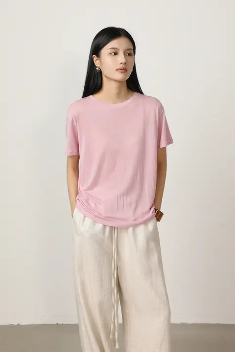 VIMORE 天然シルク100% セミ透け Tシャツ【ラウンドネック・長袖・スワンネック】