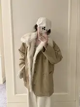 カーキ色デザインの工装中綿コート【冬用・エコファー付き・ミドル丈】