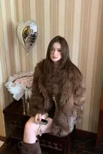 琥珀色のグラデーションのファーコート【エコファー・ロング丈・冬用・スタンドカラー】