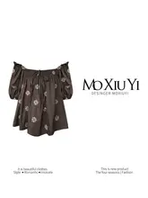 刺繍入りバルーン袖オフショルダートップス【キャラメルマキアート風・夏用・女性用】