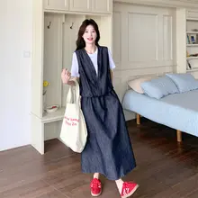 デニム半身スカートとトップスの二点セット【シンプルで上品な夏用】（セットアップ対応）