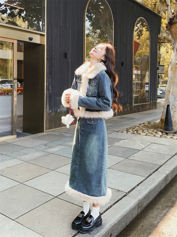 厚手保温デニムボアトップスとスカート：冬用女性向けの高級感デザインセットアップ