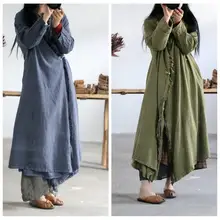 秋冬用 厚手リネン Vネックロングコート【フロントボタン・斜め襟・禅スタイル】