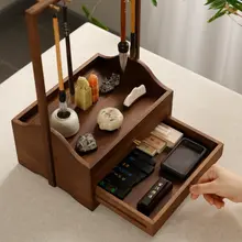 胡桃木製 筆掛け収納ボックス【文房具用・毛筆スタンド・多宝閣デザイン】