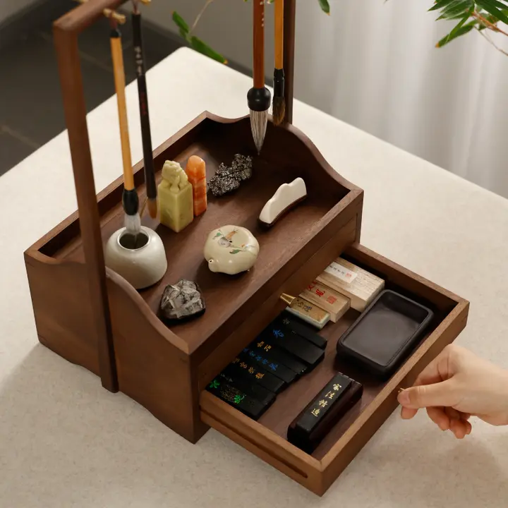 胡桃木製 筆掛け収納ボックス【文房具用・毛筆スタンド・多宝閣デザイン】
