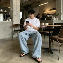 シリーズの夏用薄手ストライプパンツ【リゾートスタイル・ウエストゴム・楽なフィット感・ワイドレッグ】
