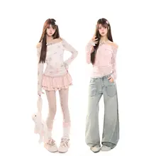 可愛らしいアニマルプリントのオフショルダー長袖Tシャツ【春用・スリムフィットデザイン】